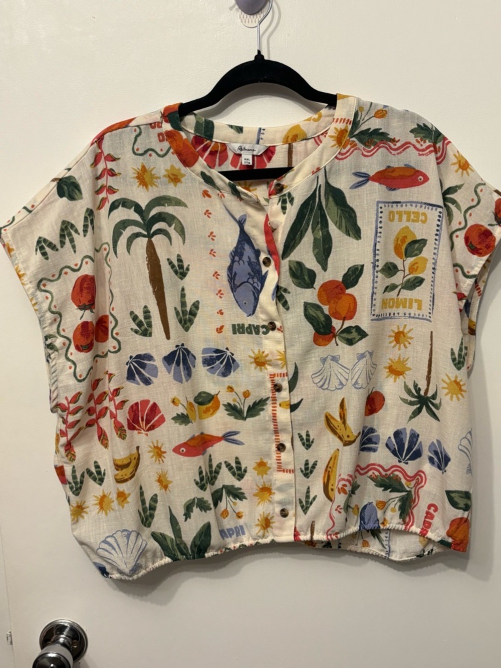 Reitmans Tropical Fruit & Fish Print Button Front Top - with elastic waist.